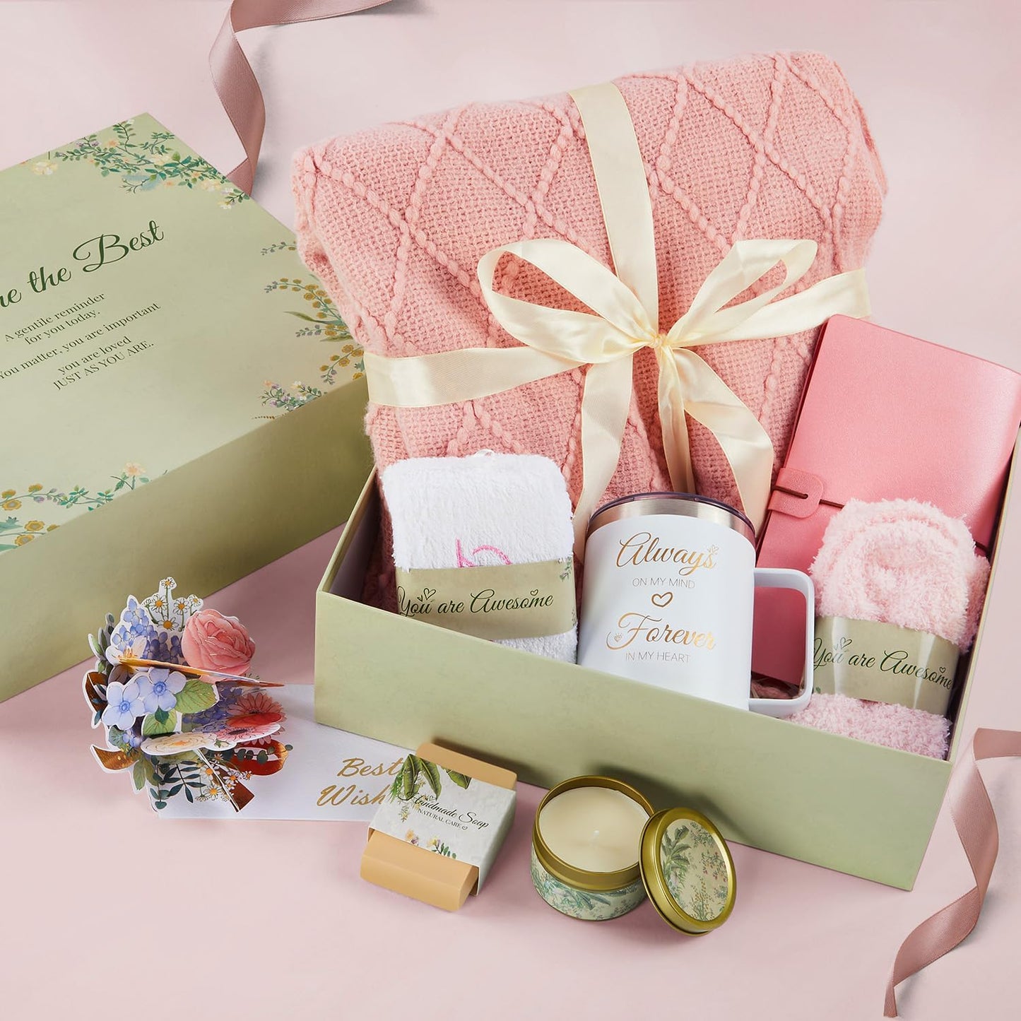 EVERMOW Pink Women's Day Gift Basket, Unique Birthday Gift Box for Her , Thinking of You, Self Care Spa Package