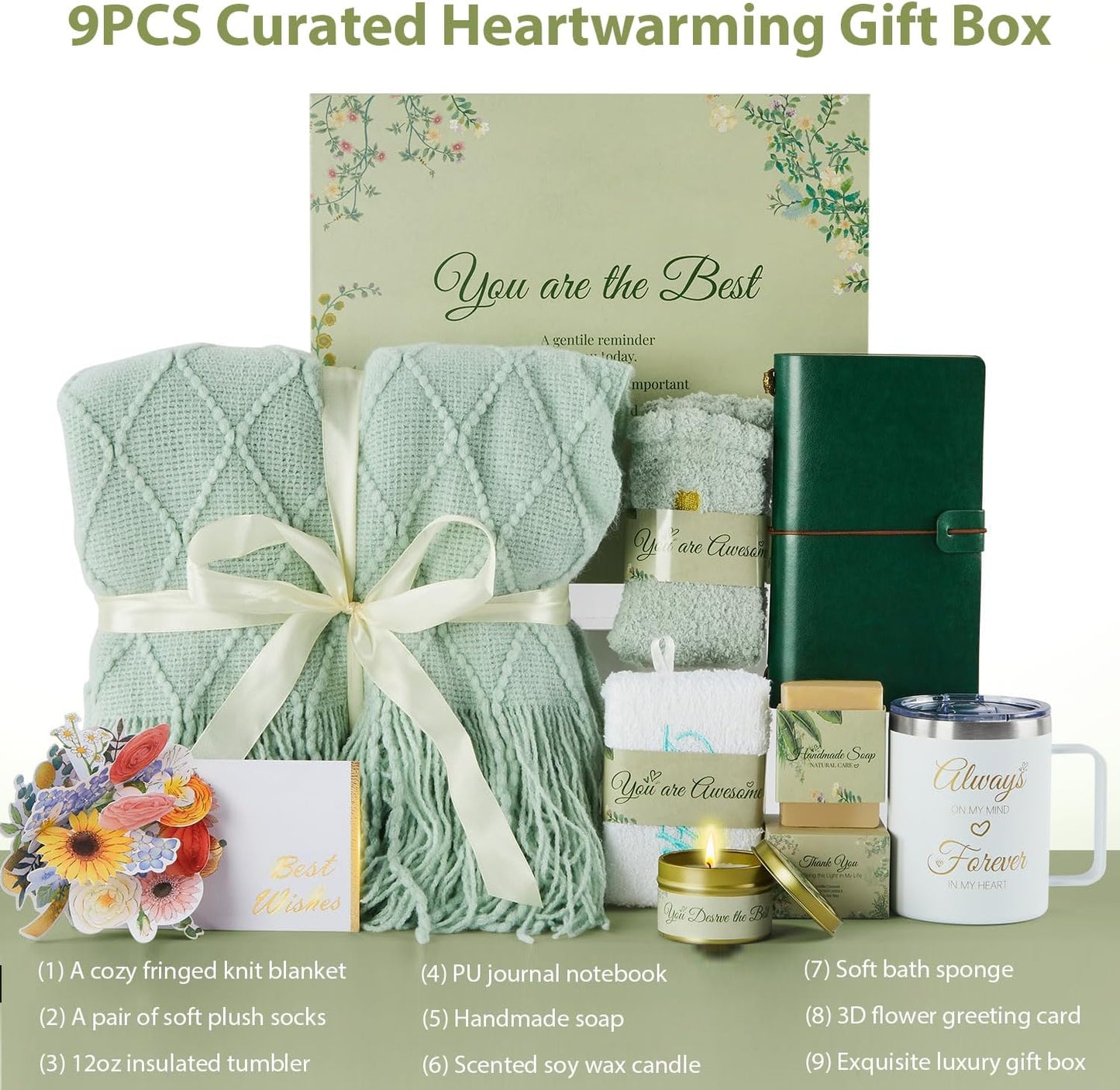 EVERMOW Green Women's Day Gift Basket, Unique Birthday Gift Box for Her , Thinking of You, Self Care Spa Package