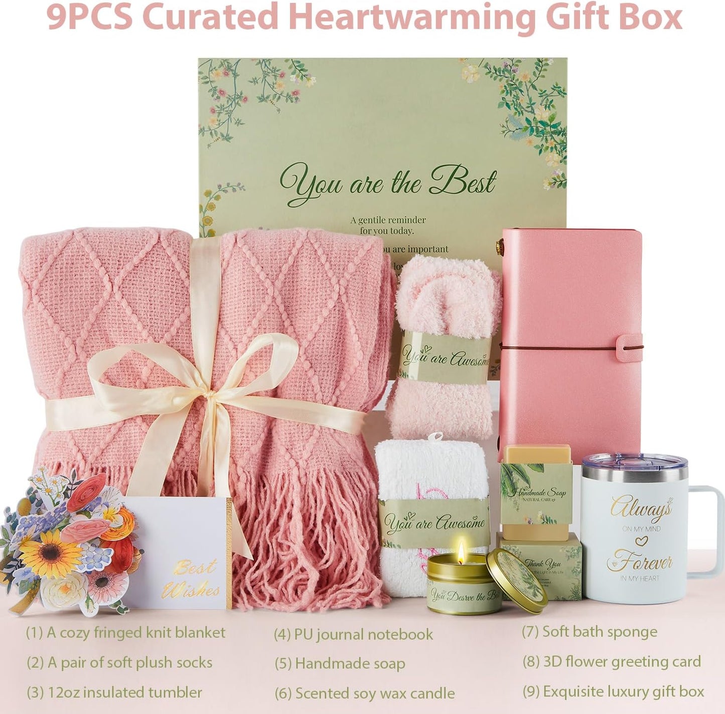 EVERMOW Pink Women's Day Gift Basket, Unique Birthday Gift Box for Her , Thinking of You, Self Care Spa Package