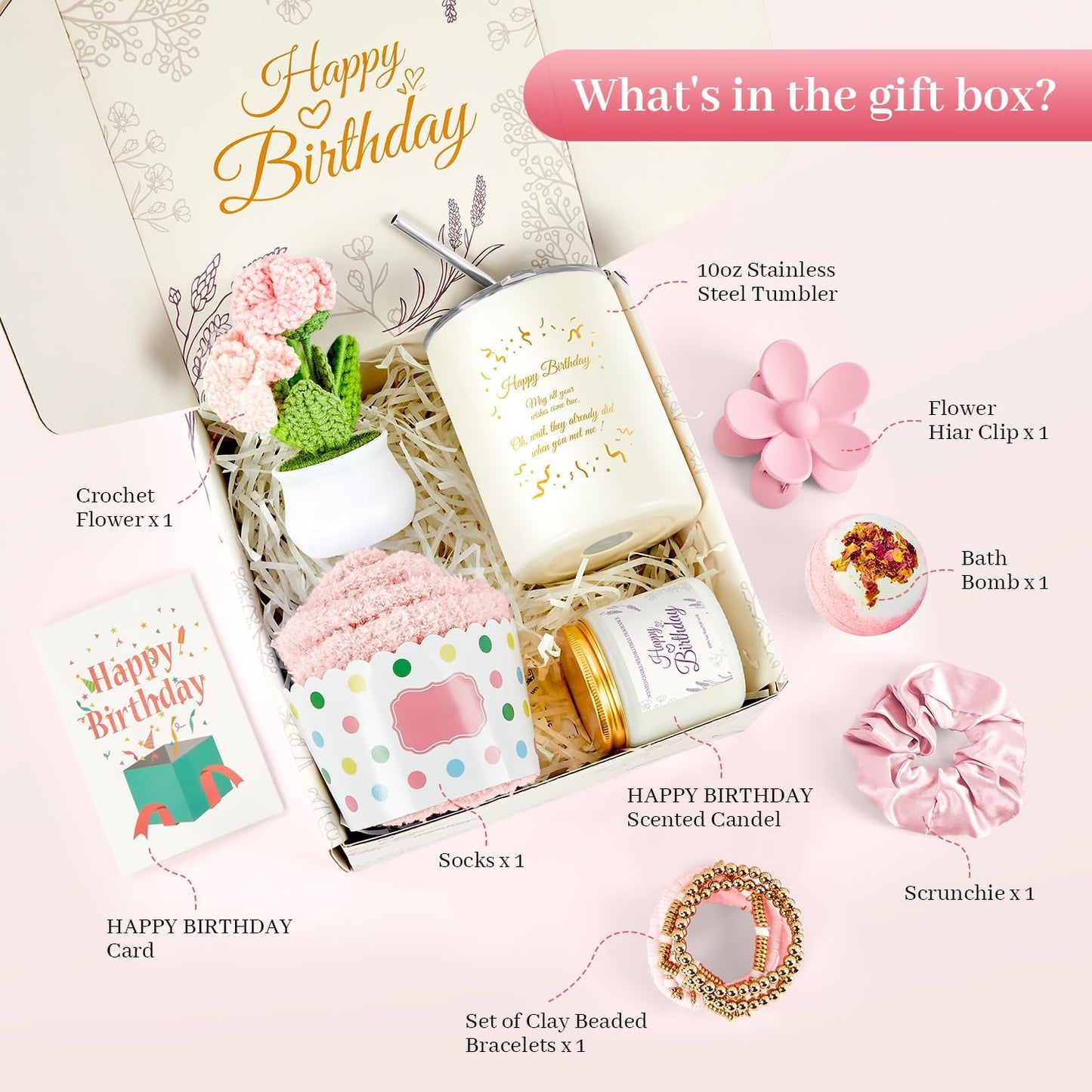 EVERMOW Pink Birthday Gifts for Women, 10Pcs Gifts for Women, Teachers, Coworker, Sisters and Friends