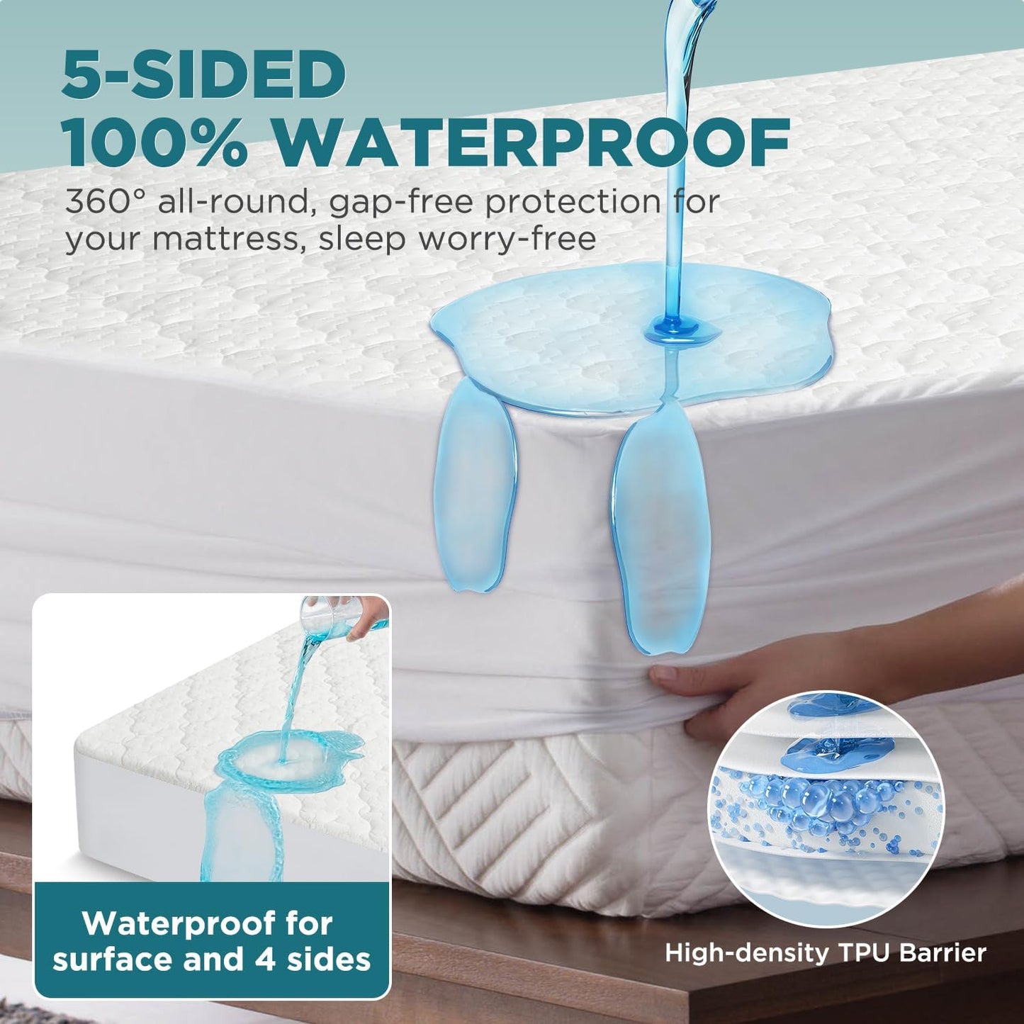 Queen 5-Sided Waterproof Mattress Protector, Quilted Bamboo Rayon Mattress Cover